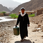 Water Scarcity**

"A weathered, lined face of a Yemeni woman in modest, traditional clothing, carrying a jerrycan in a desolate, rocky landscape under a scorching sun. Focus on the woman's resilience and determination. Background shows a dry riverbed and distant, impoverished dwellings. Cinematic lighting, documentary style, safe for work, appropriate content, fully clothed, professional, perfect anatomy, natural proportions."

**