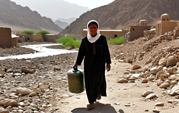 Water Scarcity**

"A weathered, lined face of a Yemeni woman in modest, traditional clothing, carrying a jerrycan in a desolate, rocky landscape under a scorching sun. Focus on the woman's resilience and determination. Background shows a dry riverbed and distant, impoverished dwellings. Cinematic lighting, documentary style, safe for work, appropriate content, fully clothed, professional, perfect anatomy, natural proportions."

**