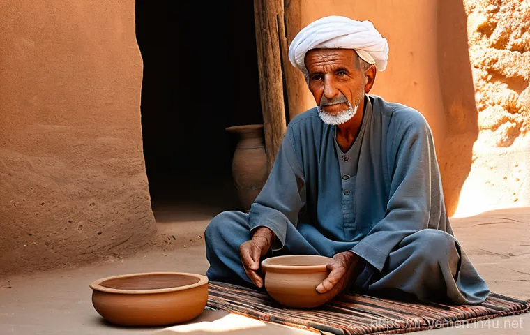 예멘 전통 의학과 약초 - An elderly, wise Yemeni traditional healer, with deep-set, kind eyes, wearing a simple, modest light...