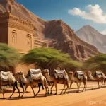 예멘 고대 왕국 사바 Saba - **Prompt:** A majestic depiction of the ancient Kingdom of Saba's legendary trade routes. In the for...