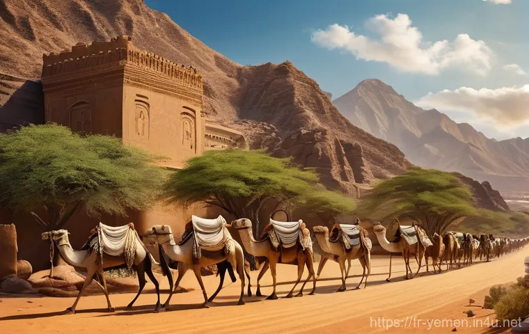 예멘 고대 왕국 사바 Saba - **Prompt:** A majestic depiction of the ancient Kingdom of Saba's legendary trade routes. In the for...