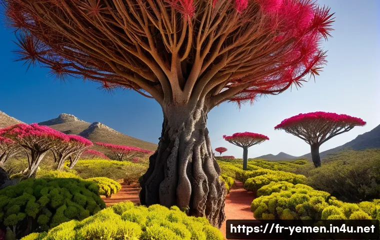 예멘 세계유산 소코트라 섬 - **A Mystical Grove of Dragon Blood Trees:**
    "Generate a hyperrealistic, wide-angle image capturi...