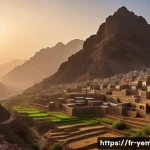 예멘과 이슬람 신학의 관계 - A traditional Yemeni mountain village scene at dawn, showcasing Zaidi religious scholars in modest t...