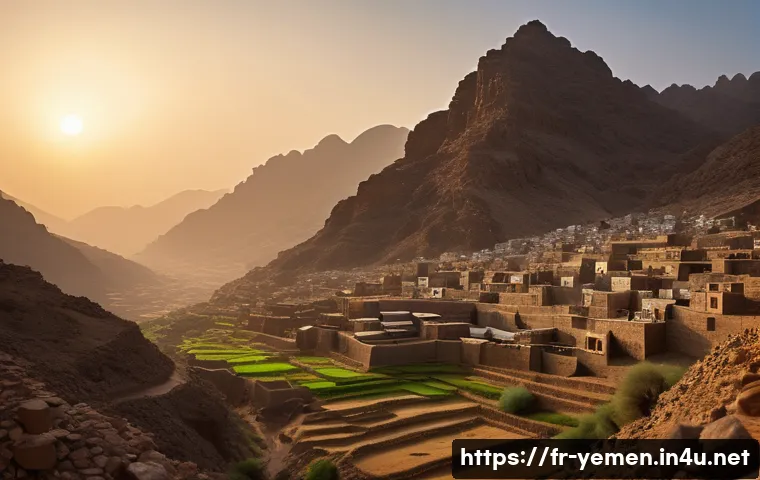 예멘과 이슬람 신학의 관계 - A traditional Yemeni mountain village scene at dawn, showcasing Zaidi religious scholars in modest t...