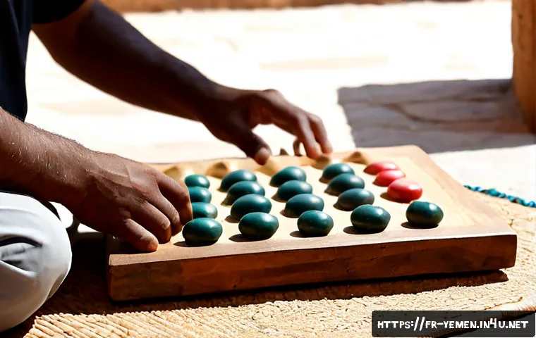 예멘 전통 게임과 퍼즐 - Photorealistic close-up of a traditional Yemeni mancala-style wooden game board with smooth stone co...